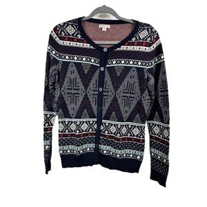 Merona‎ Fair Isle Cardigan Sweater Womens Small Navy Blue Cotton Geometric Boho